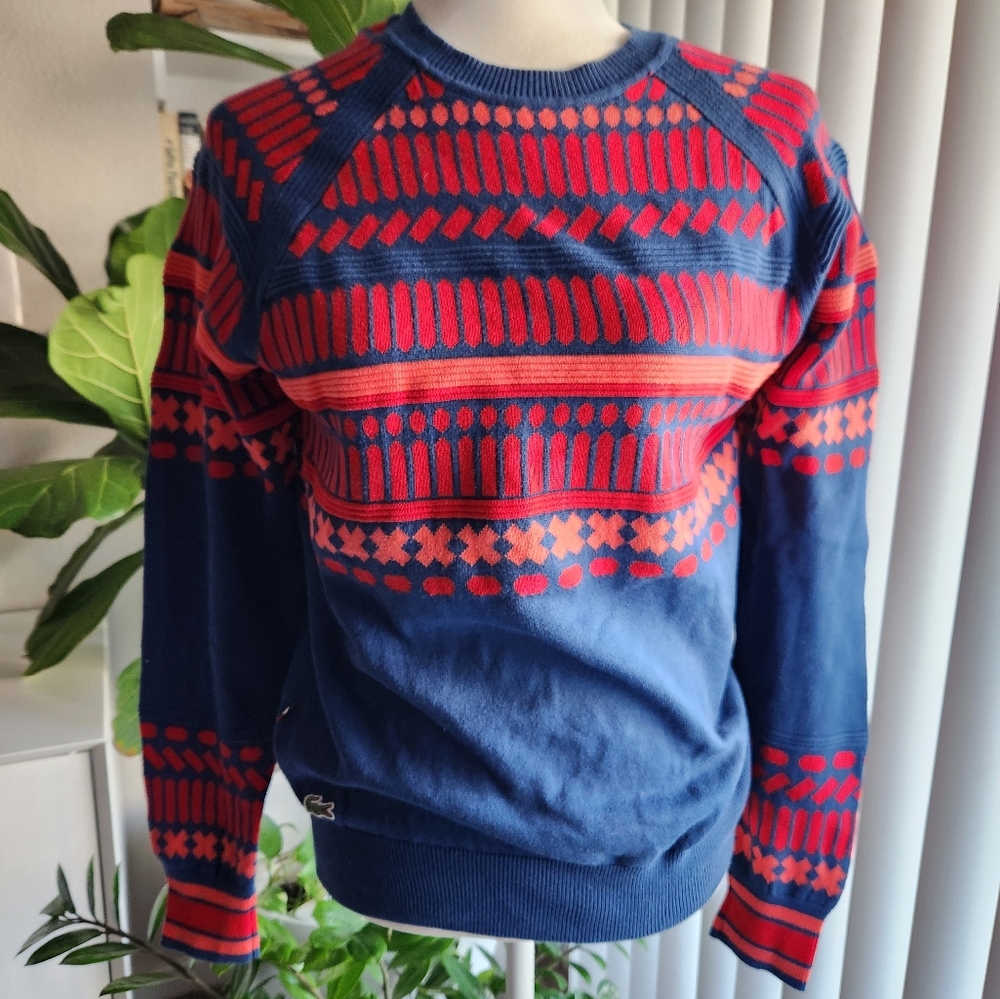 Lacoste Live Sweater Printed Jacquard Sweater Embroidered Logo Blue/Red Size 4